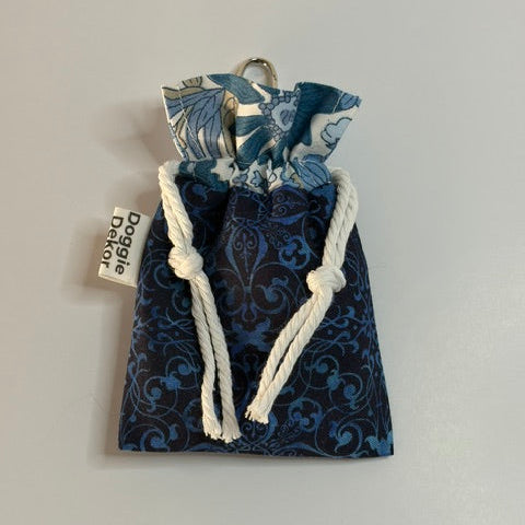 Dog poo bag holder - 100% cotton drawstring pouch in blue tones with a white drawstring and metal clip - Doggie Dekor