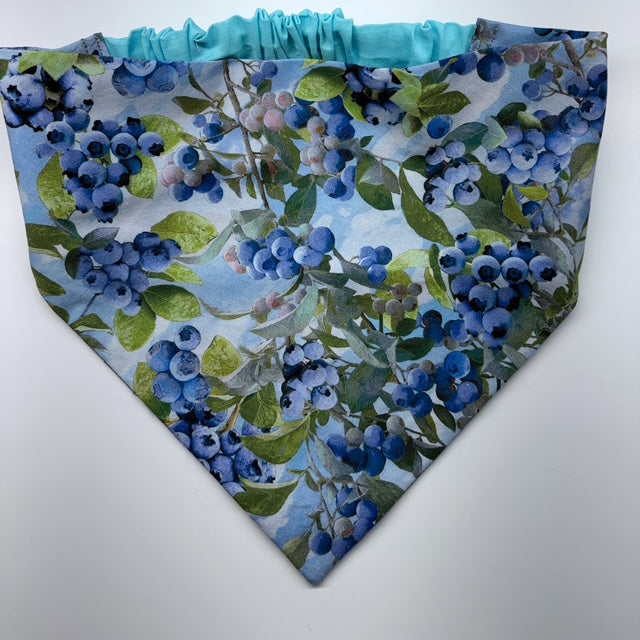 Scrunchie Bandana sewn with blueberry pattern fabric on a white background