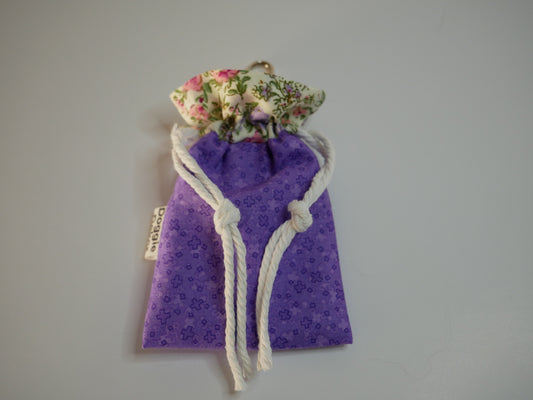 Dog poo bag holder - 100% cotton drawstring pouch in bright purple and a cream floral collar, white drawstring and metal clip - Doggie Dekor