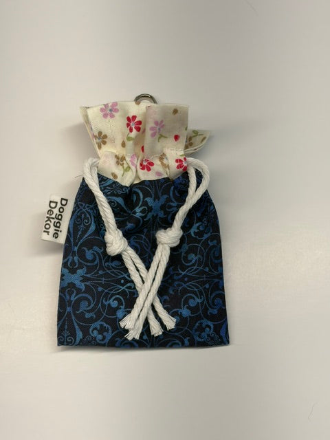 Dog poo bag holder - 100% cotton drawstring pouch in blue tones with a cream floral collar, white drawstring and metal clip - Doggie Dekor