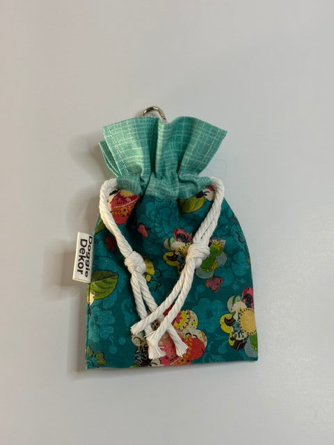 Dog poo bag holder - 100% cotton drawstring pouch in green floral tones, white drawstring and metal clip - Doggie Dekor