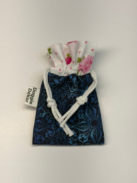 Dog poo bag holder - 100% cotton drawstring pouch in dark blue with a cream and strawberry collar, white drawstring and metal clip - Doggie Dekor
