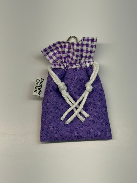 Dog poo bag holder - 100% cotton drawstring pouch in bright purple with a gingham purple and white collar, white drawstring and metal clip - Doggie Dekor