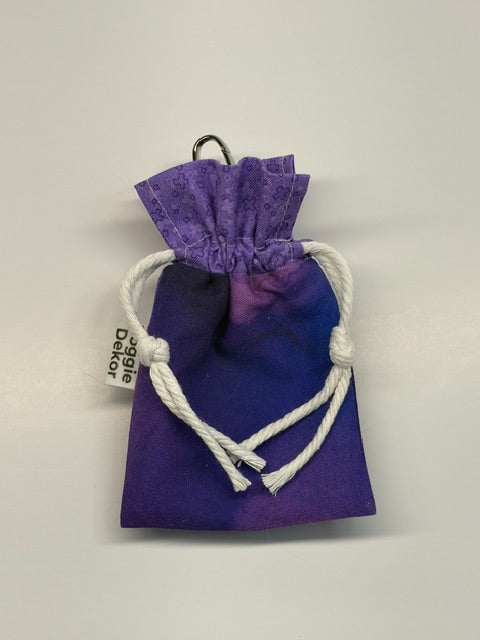 Dog poo bag holder - 100% cotton drawstring pouch in dark purple and a lighter purple collar, white drawstring and metal clip - Doggie Dekor