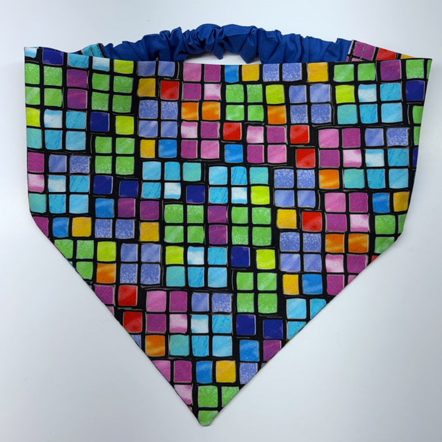 Colorful mosaic-patterned  scrunchie bandana on a white background
