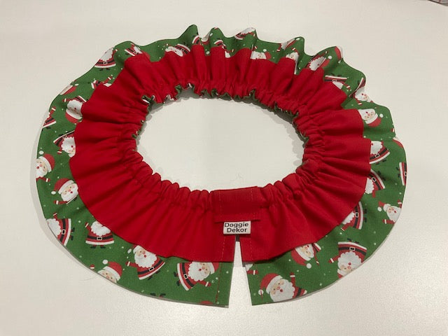 Premium neck ruffle for a dog in a chubby santa fabric print with a red ruffle overlay