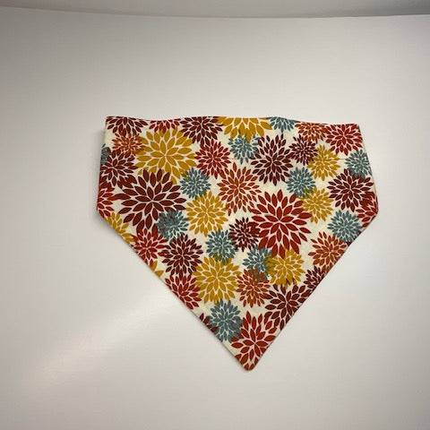 Scrunchie Dog Bandana in a rust, amber, burgundy and blue abstract floral print fabric - Doggie Dekor